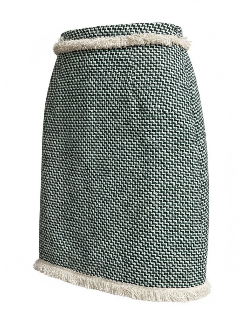 CH Carolina Herrera Green Tweed Fringe Pencil Skirt Size 6 Portugal